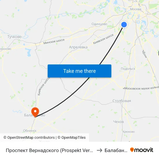 Проспект Вернадского (Prospekt Vernadskogo) to Балабаново map