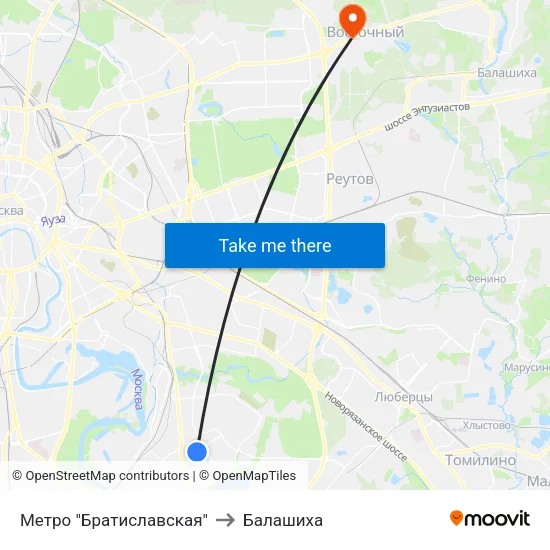 Метро "Братиславская" to Балашиха map
