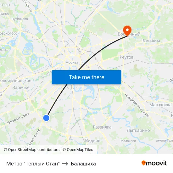 Метро "Теплый Стан" to Балашиха map