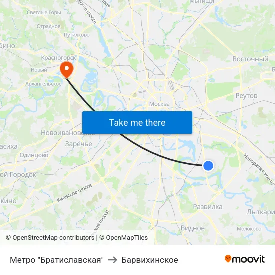Метро "Братиславская" to Барвихинское map