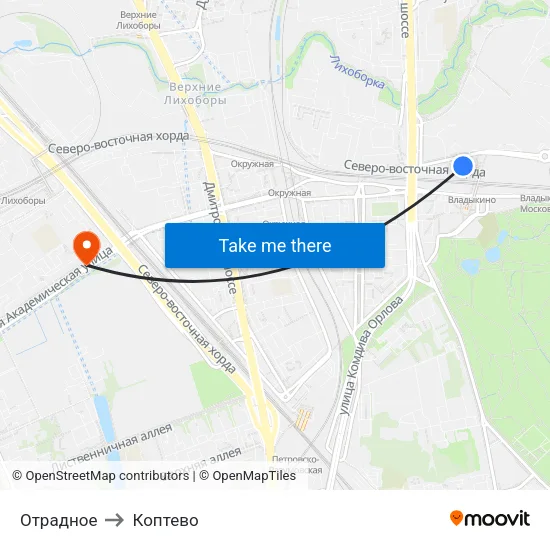 Отрадное to Коптево map