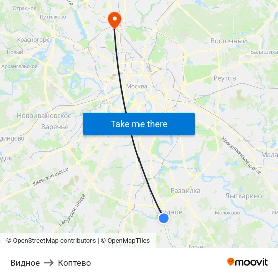 Видное to Коптево map