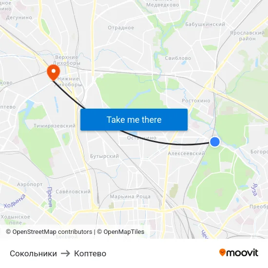 Сокольники to Коптево map