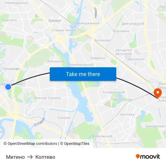 Митино to Коптево map