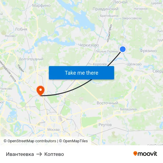 Ивантеевка to Коптево map