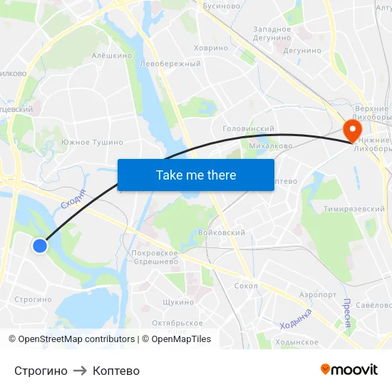Строгино to Коптево map
