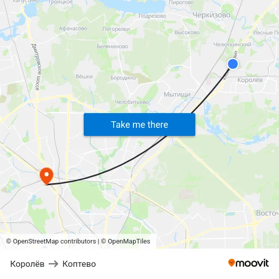 Королёв to Коптево map