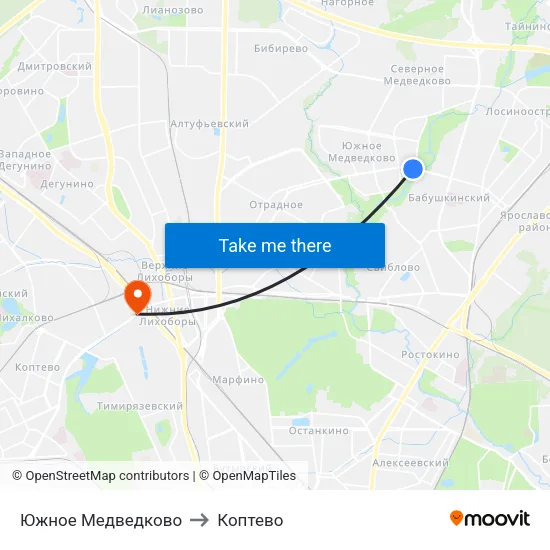 Южное Медведково to Коптево map