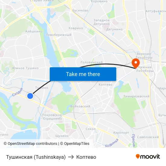 Тушинская (Tushinskaya) to Коптево map