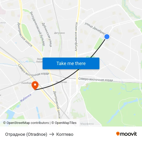 Отрадное (Otradnoe) to Коптево map