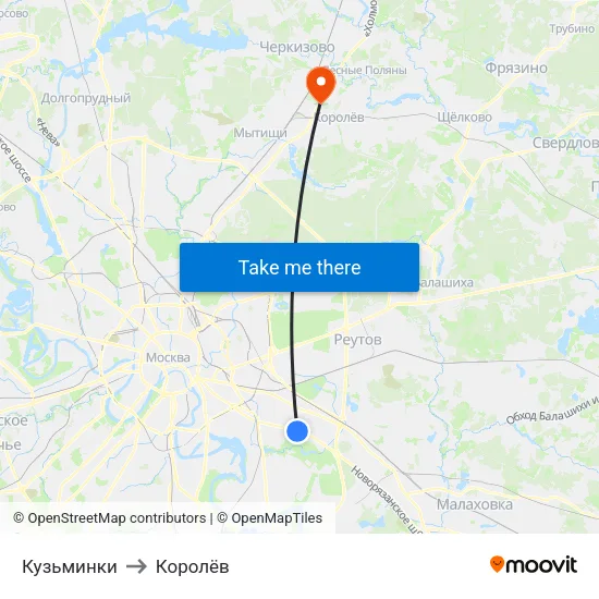 Кузьминки to Королёв map