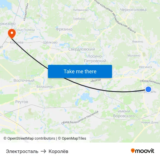 Электросталь to Королёв map