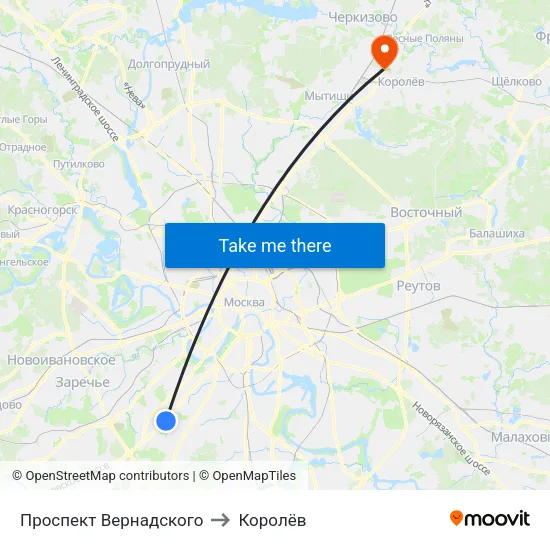 Проспект Вернадского to Королёв map
