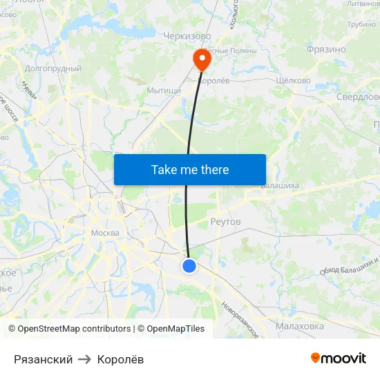 Рязанский to Королёв map