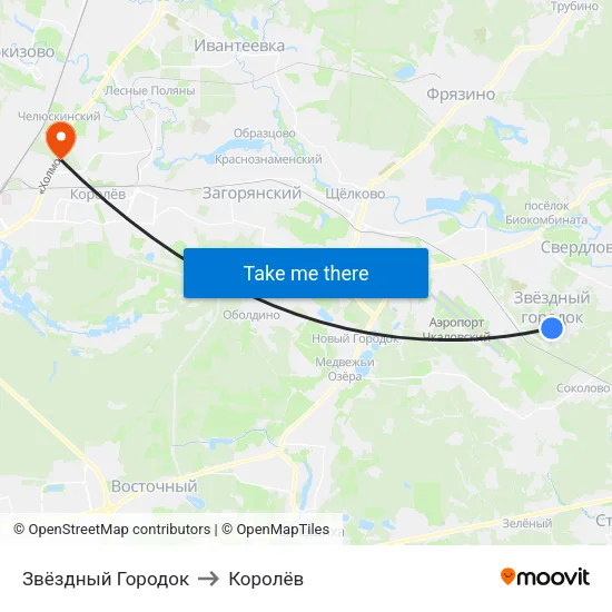 Звёздный Городок to Королёв map