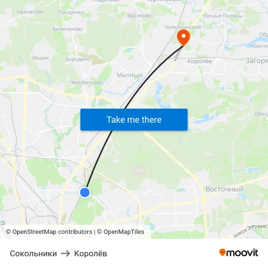 Сокольники to Королёв map