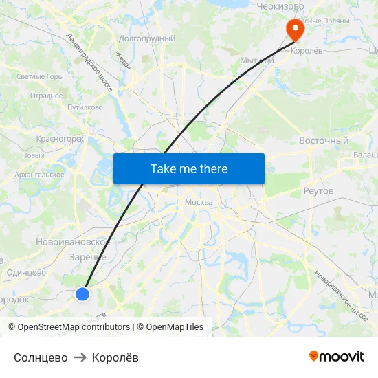 Солнцево to Королёв map