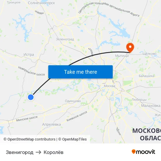Звенигород to Королёв map