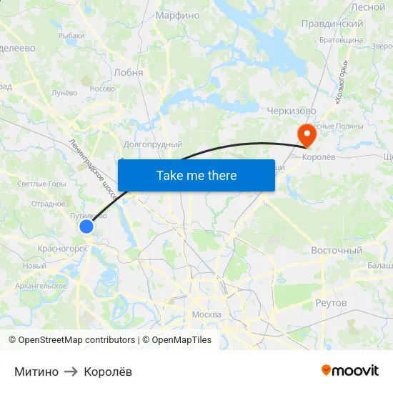 Митино to Королёв map
