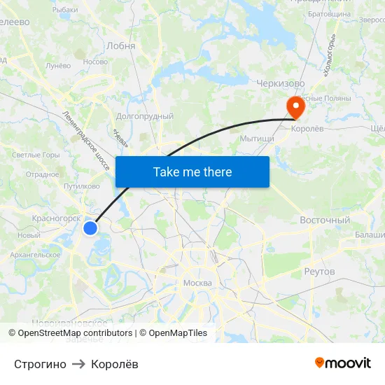 Строгино to Королёв map