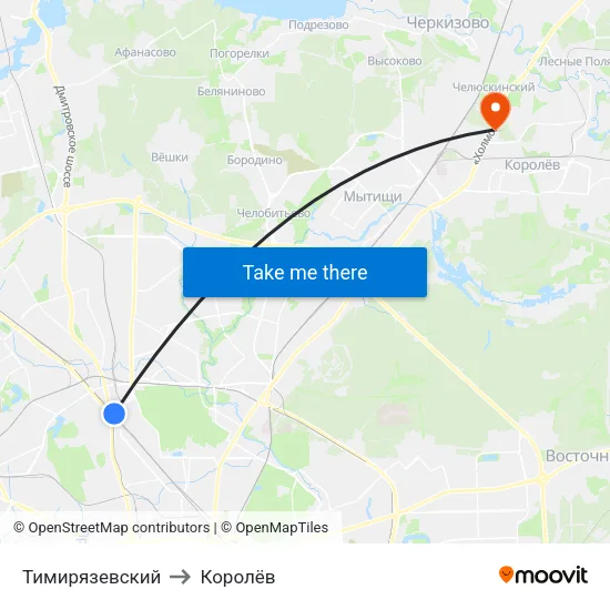 Тимирязевский to Королёв map