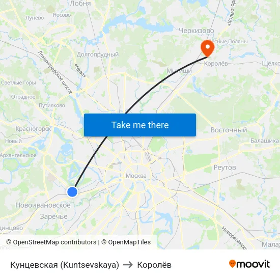 Кунцевская (Kuntsevskaya) to Королёв map