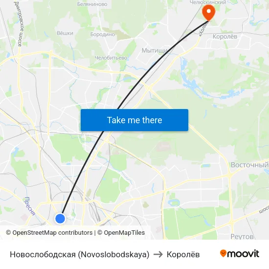 Новослободская (Novoslobodskaya) to Королёв map