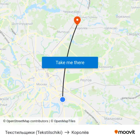 Текстильщики (Tekstilschiki) to Королёв map