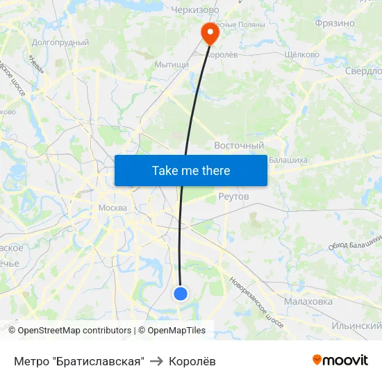 Метро "Братиславская" to Королёв map