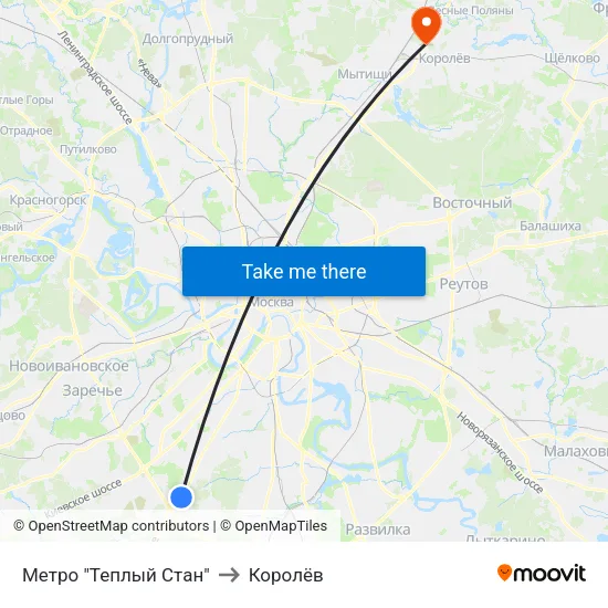 Метро "Теплый Стан" to Королёв map