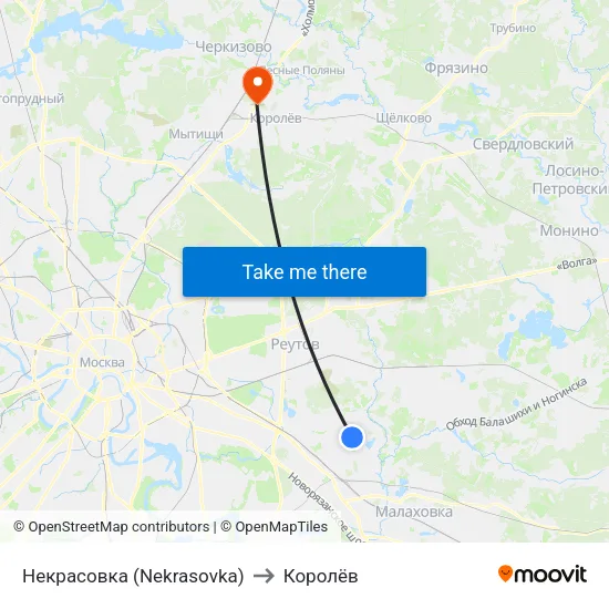 Некрасовка (Nekrasovka) to Королёв map