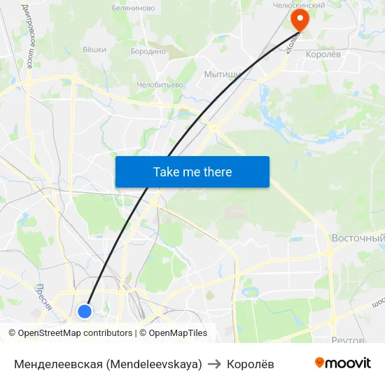 Менделеевская (Mendeleevskaya) to Королёв map