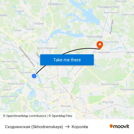 Сходненская (Skhodnenskaya) to Королёв map