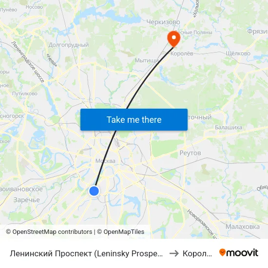 Ленинский Проспект (Leninsky Prospekt) to Королёв map