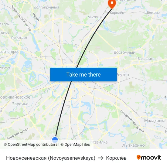 Новоясеневская (Novoyasenevskaya) to Королёв map