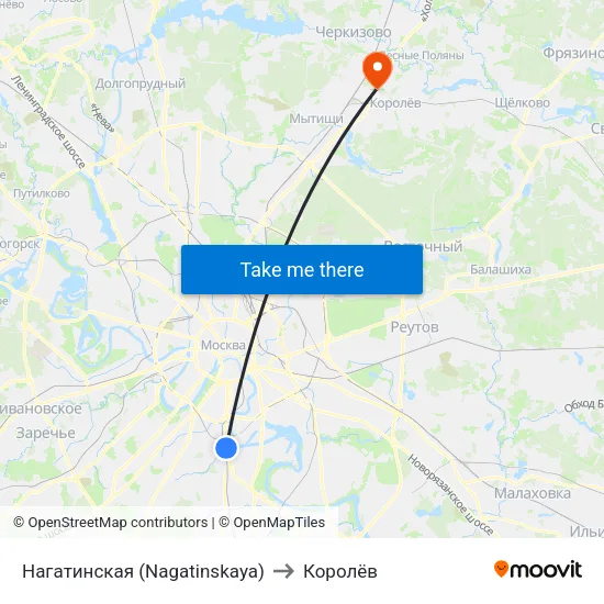 Нагатинская (Nagatinskaya) to Королёв map