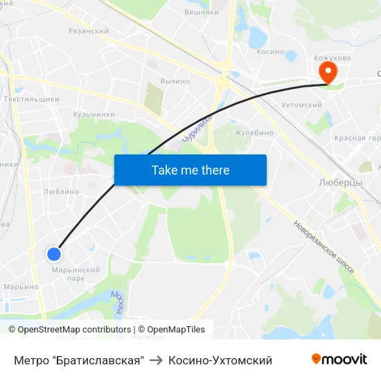Метро "Братиславская" to Косино-Ухтомский map