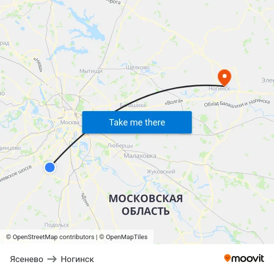 Ясенево to Ногинск map