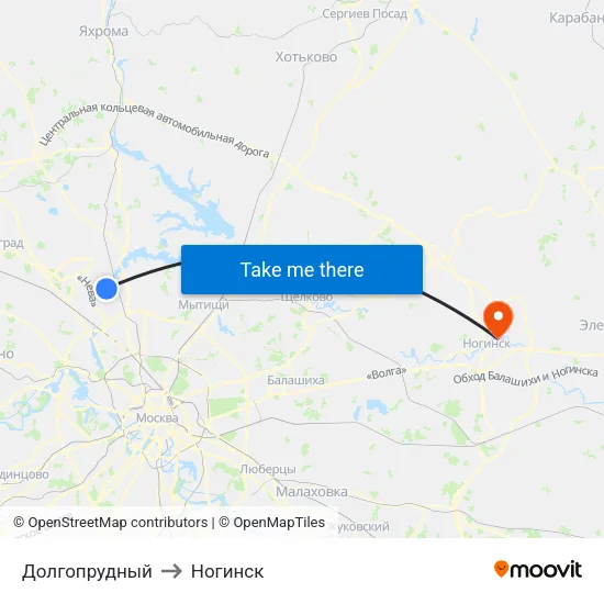 Долгопрудный to Ногинск map