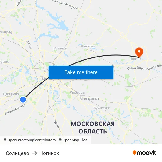 Солнцево to Ногинск map