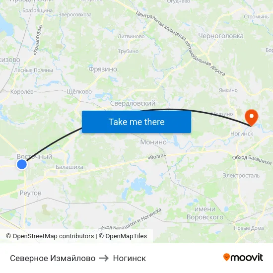 Северное Измайлово to Ногинск map