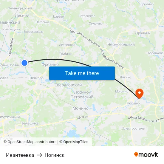 Ивантеевка to Ногинск map