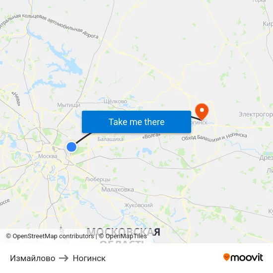 Измайлово to Ногинск map