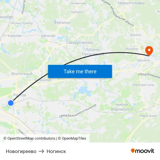 Новогиреево to Ногинск map