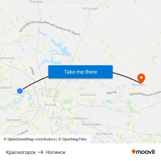 Красногорск to Ногинск map