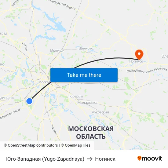 Юго-Западная (Yugo-Zapadnaya) to Ногинск map