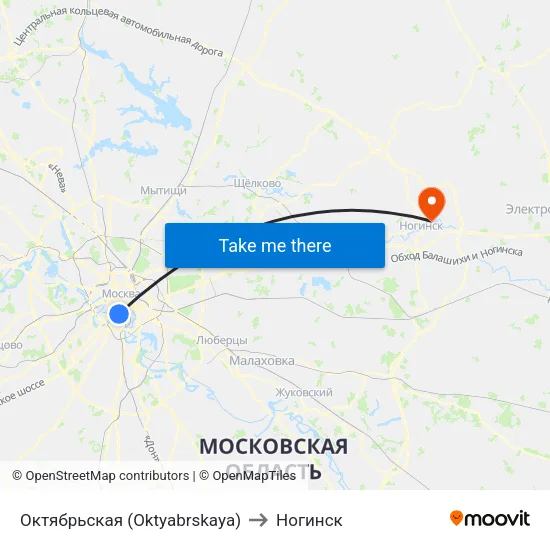 Октябрьская (Oktyabrskaya) to Ногинск map