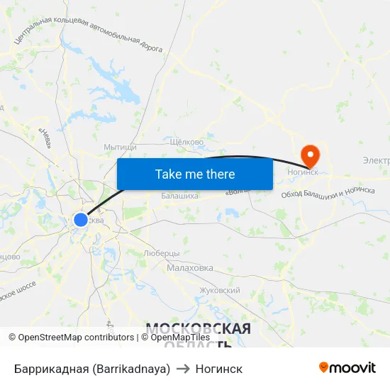 Баррикадная (Barrikadnaya) to Ногинск map