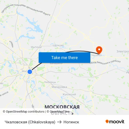 Чкаловская (Chkalovskaya) to Ногинск map