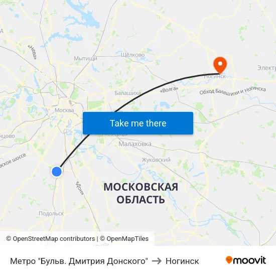 Метро "Бульв. Дмитрия Донского" to Ногинск map